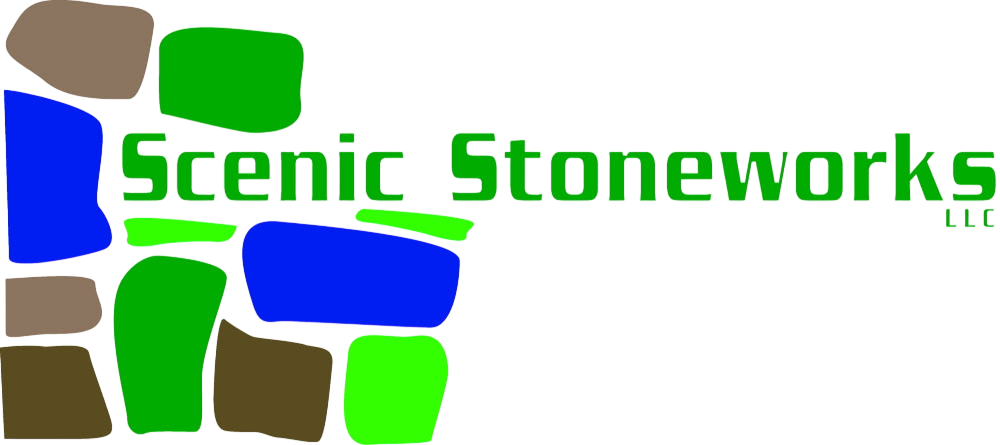 Scenic Stoneworks LLC logo with green text and colorful stone shapes on white background