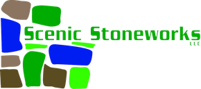 Scenic Stoneworks LLC logo with green text and colorful stone shapes on white background