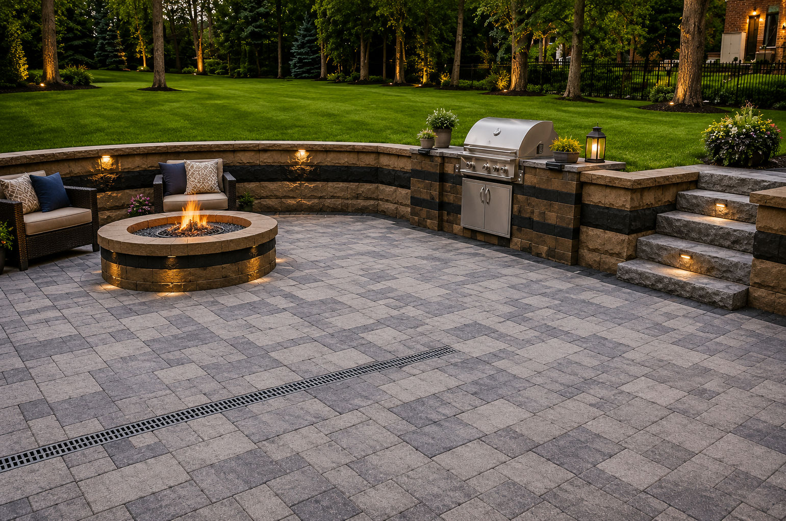 Stone patio with circular fire pit, built-in seating, grill, and steps in a landscaped backyard at dusk