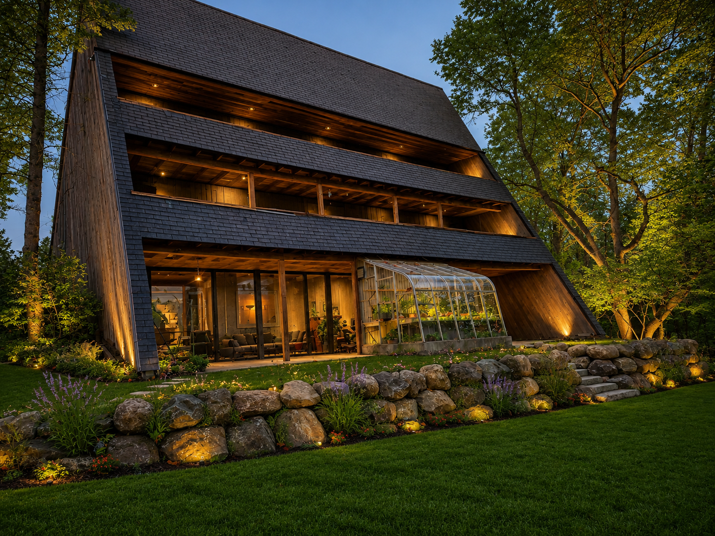 Modern house with warm lights, slanted roof, stone landscaping, and trees at dusk