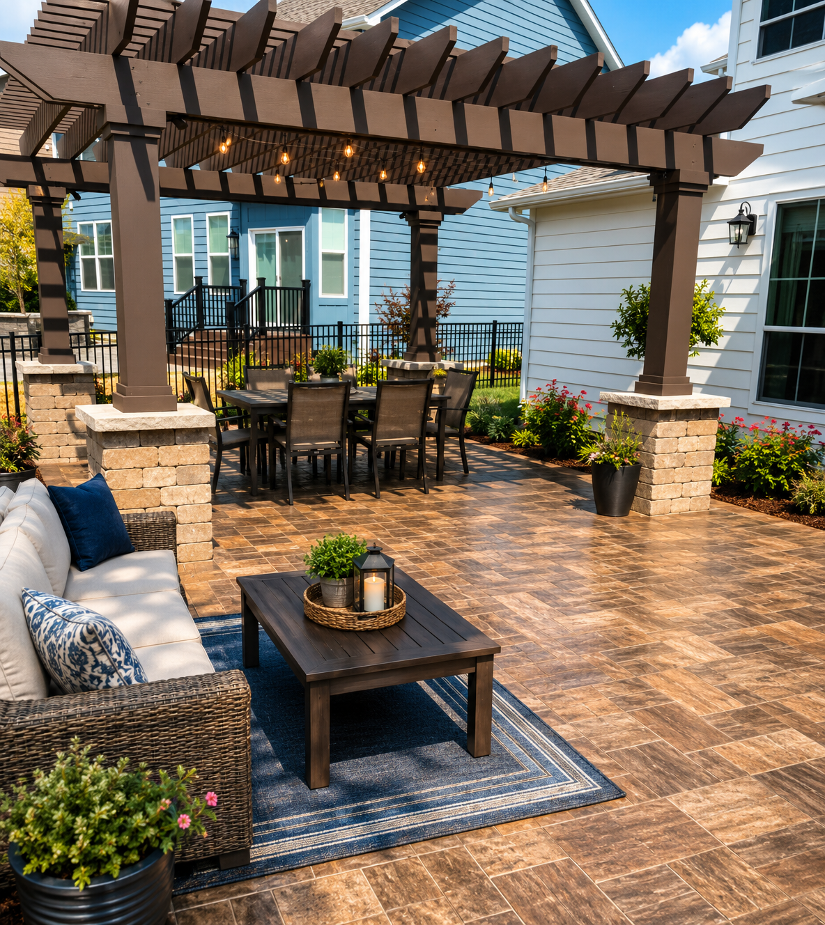 Outdoor patio with pergola, wicker seating, dining table, and potted flowers on a tiled deck