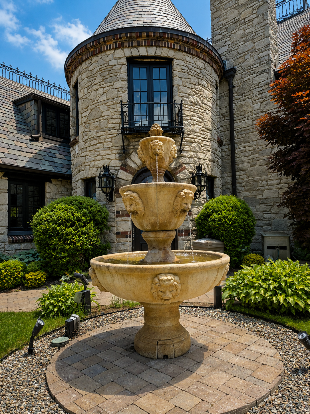 Stone fountain in a courtyard garden before a round stone building with a conical roof.