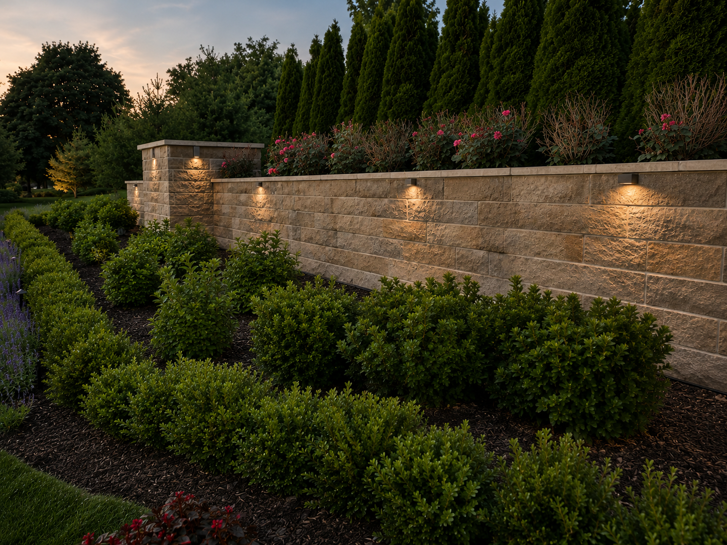 Landscaped garden with manicured shrubs and a stone retaining wall at sunset