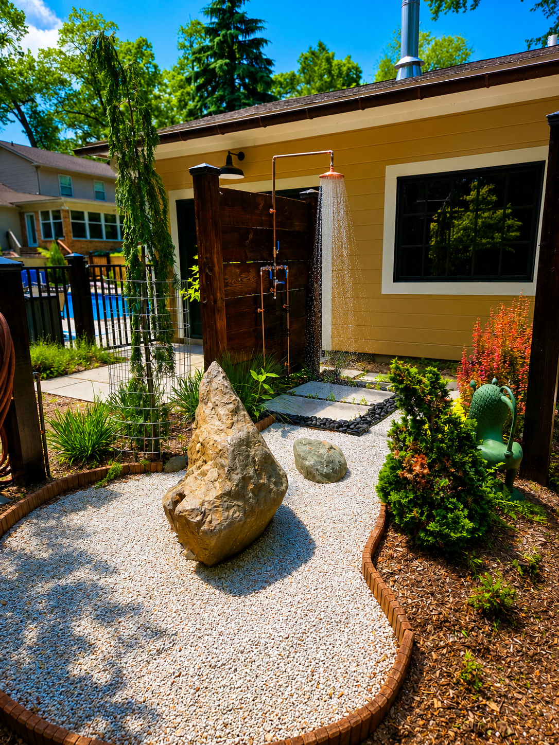 Modern front yard with gravel path, large rock sculpture, and beige house entrance surrounded by plants