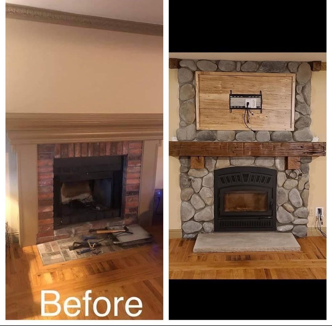 Before-and-after fireplace makeover: plain brick hearth transformed into rustic stone and wood surround.