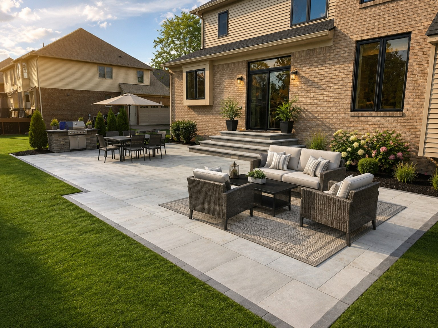 Backyard patio with wicker seating, dining table, and a brick house beside a green lawn