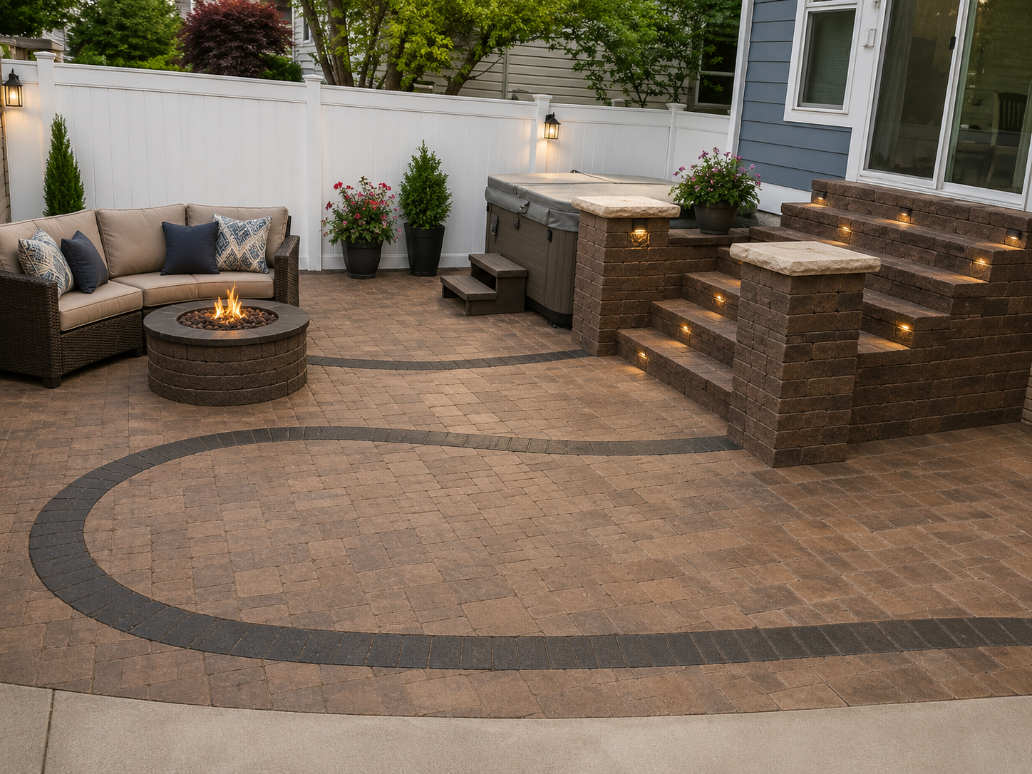 Modern backyard patio with stone seating, fire pit, outdoor kitchen, and steps leading to a raised deck