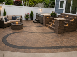 Modern backyard patio with stone seating, fire pit, outdoor kitchen, and steps leading to a raised deck