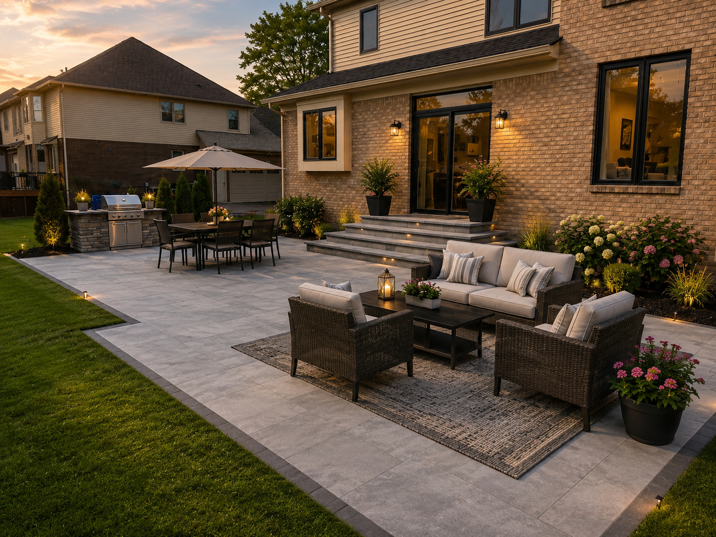 Elegant backyard patio with wicker seating, dining table, and warm lighting beside a brick house at dusk