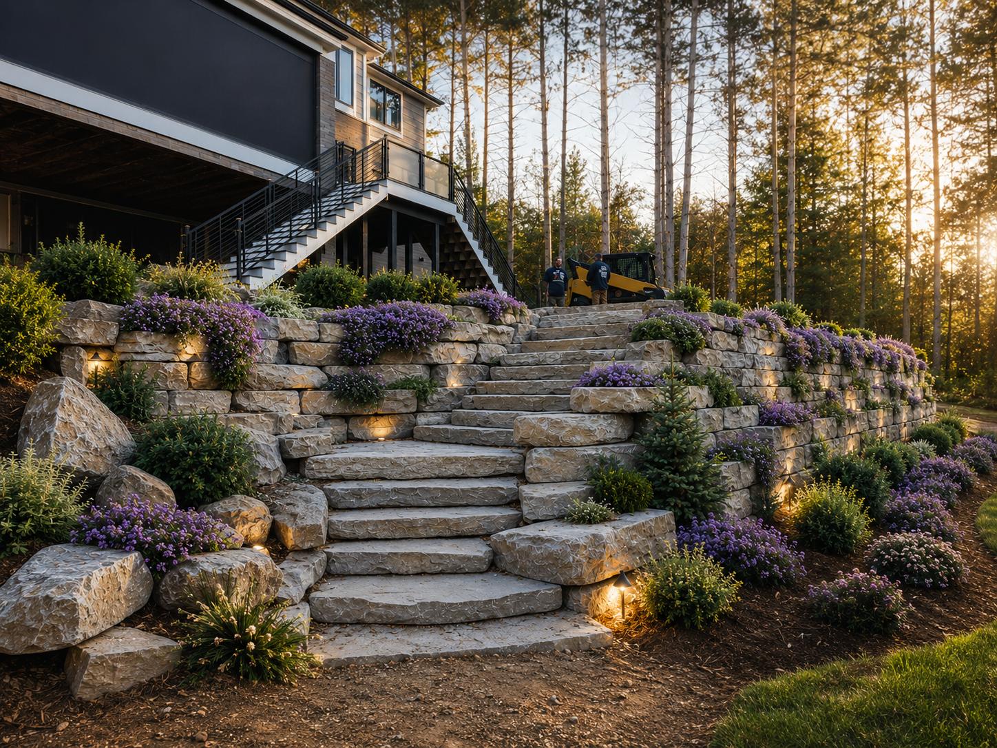 Stone garden steps and terraced landscaping beside a house, with purple flowers and warm sunset light.