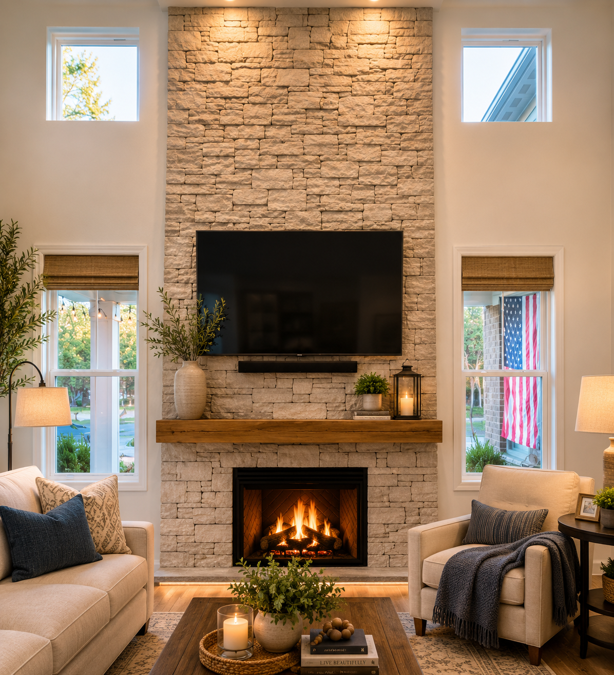 Bright living room with stone fireplace, mounted TV, and beige sofas beside lit lamps and candles