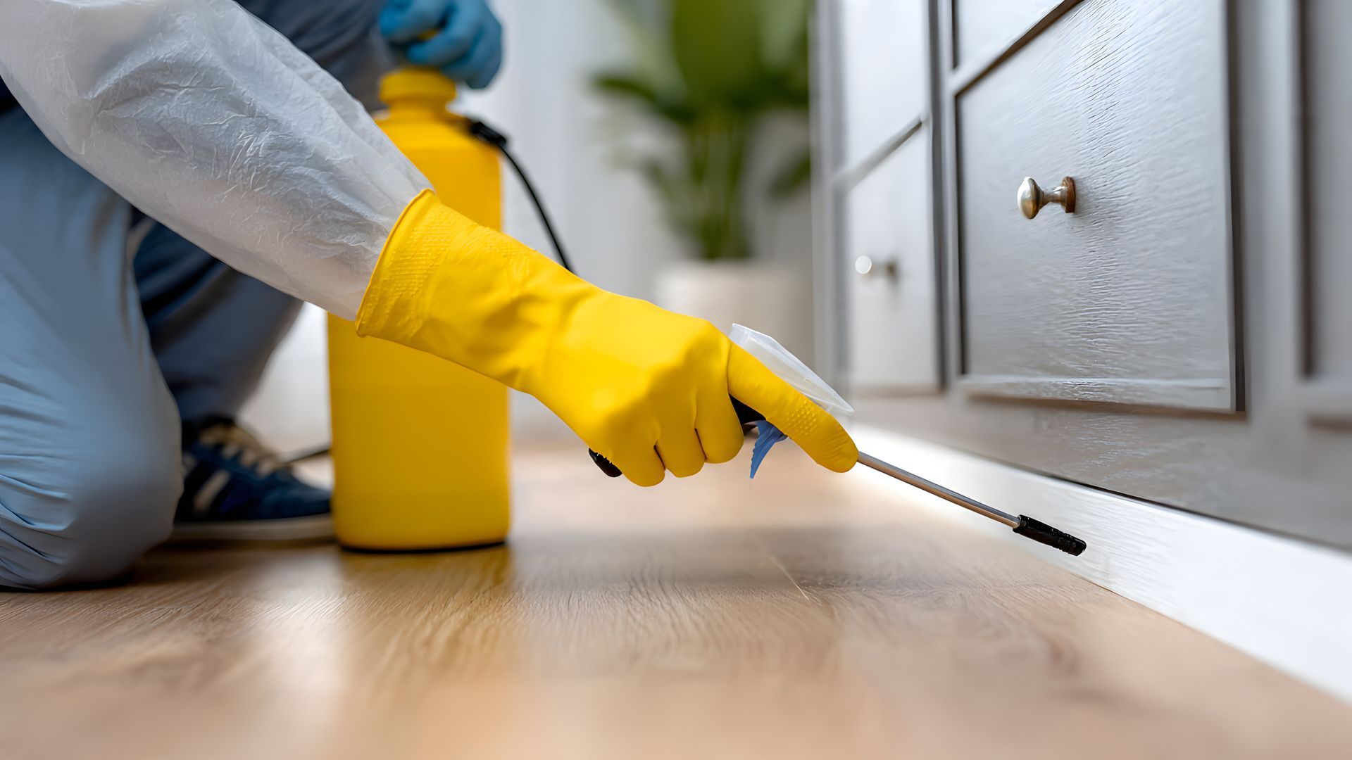 Person applying pest control spray along the base of a cabinet. Person applying pest control spray along the base of a cabinet.