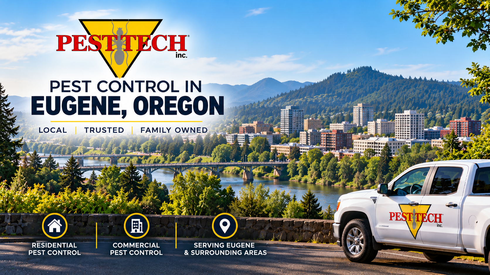 PESTTECH pest control ad with truck over Eugene, Oregon skyline and mountains.