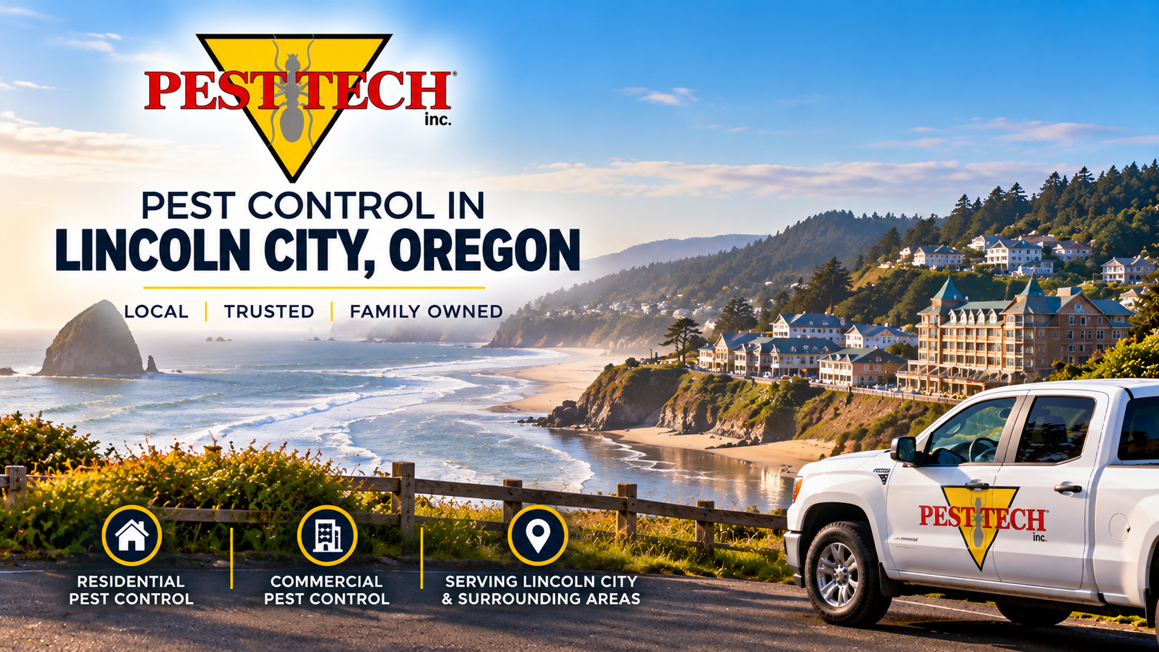 Pest Tech pest control ad for Lincoln City, Oregon, with coastal town and service truck branding.