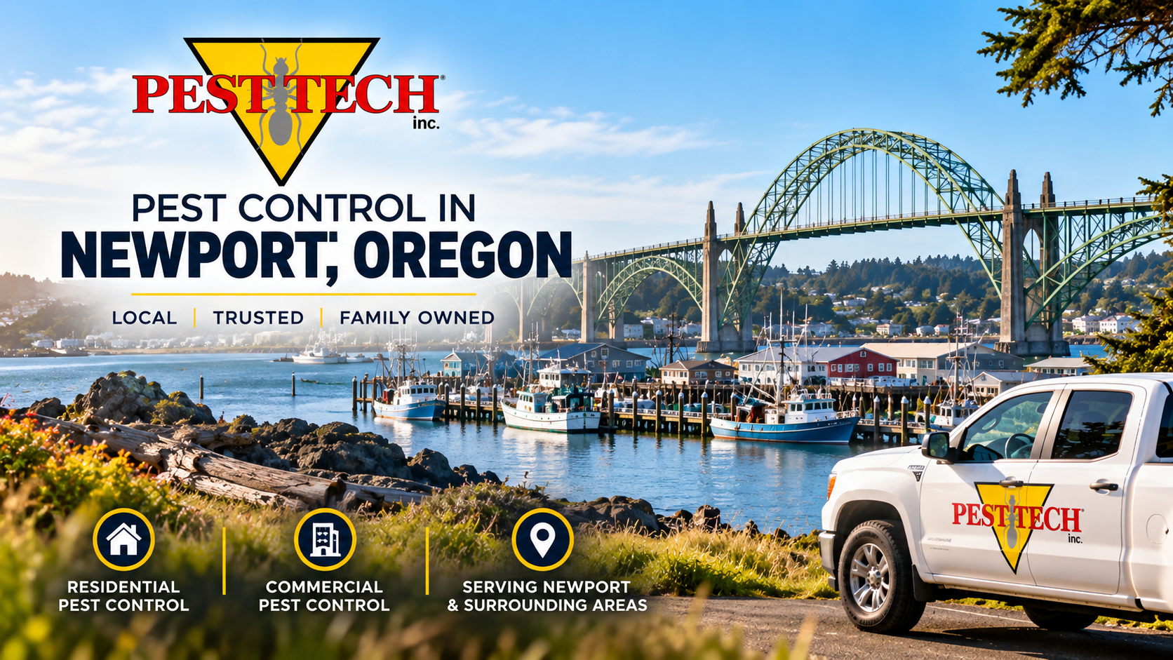 Pest control ad for Newport, Oregon with harbor bridge, waterfront view, and PestTech van.