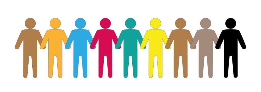 A row of nine stylized human figures in different colors holding hands to represent unity and diversity.