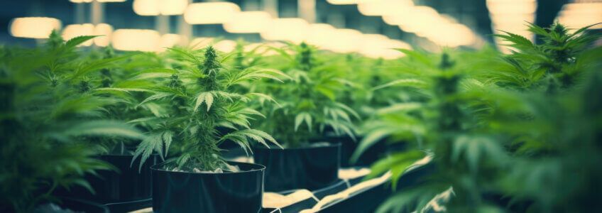 Rows of cannabis plants growing in black fabric pots under bright industrial lighting in an indoor facility.
