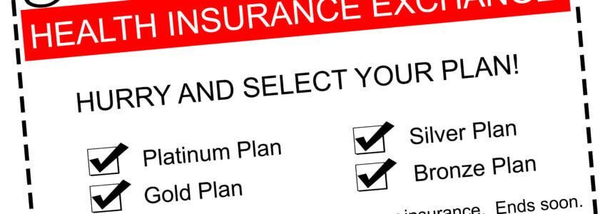 Health insurance advertisement with a checklist showing Platinum, Gold, Silver, and Bronze plans marked with checkmarks.