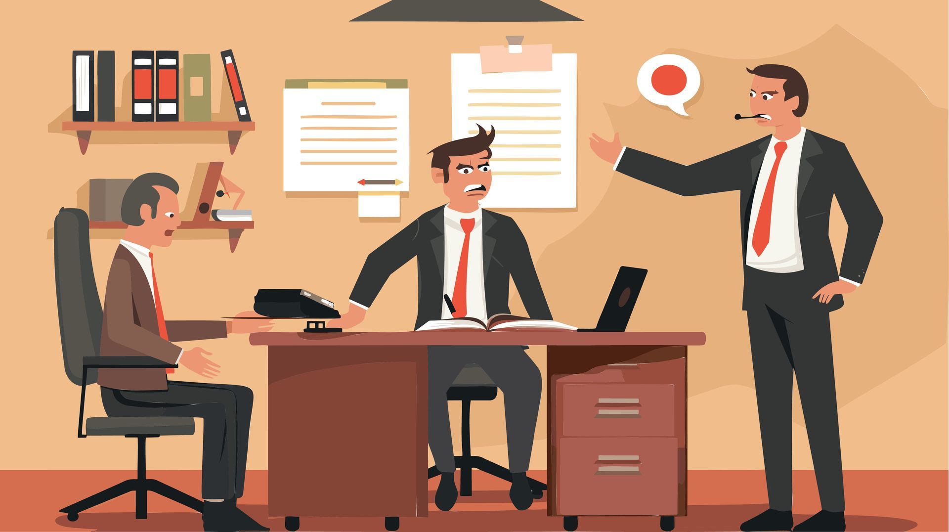 Three people in business attire in an office; one stands while gesturing toward two seated at a desk with paperwork.