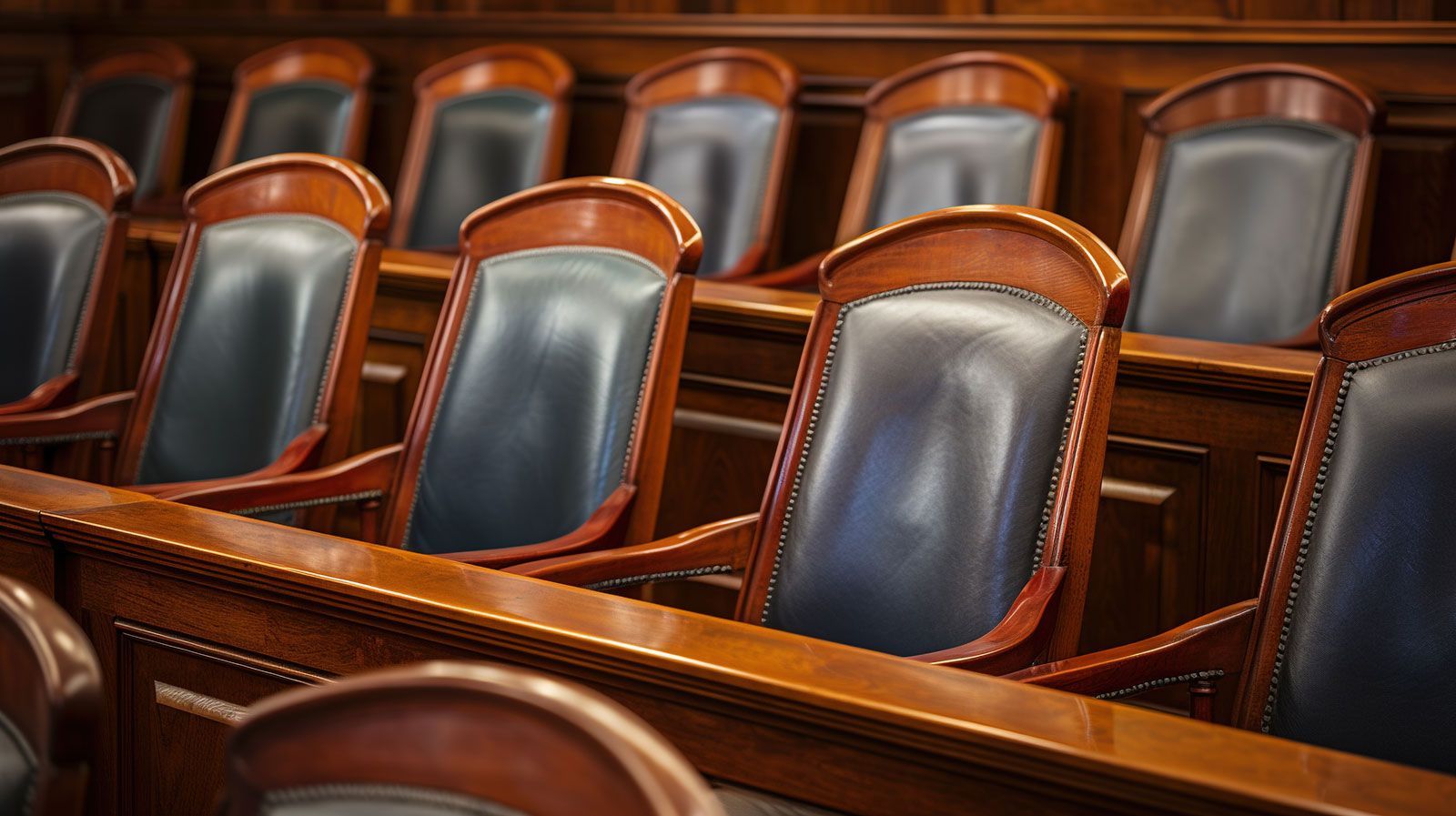 Rows of wooden courtroom chairs with dark leather upholstery arranged in a tiered setting.