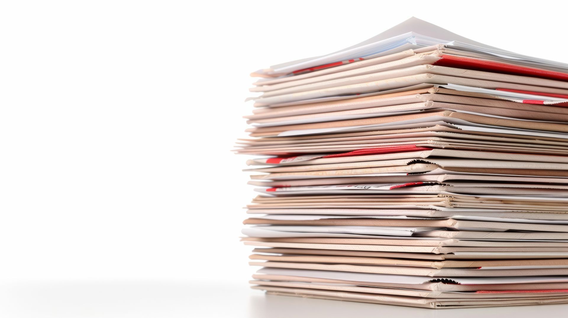 A tall, messy stack of assorted envelopes and paper mail on a white background.