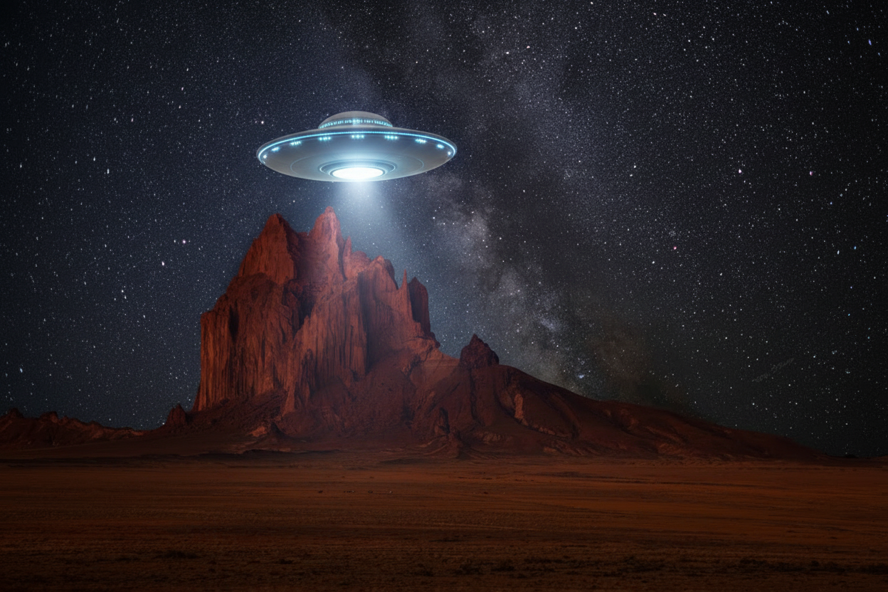 A line of bright lights crossing a starry sky above Sedona red rock formations at night