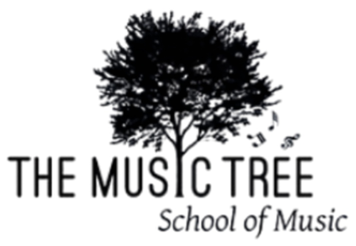 Logo of "The Music Tree School of Music": a tree silhouette with musical notes, black text on white background.