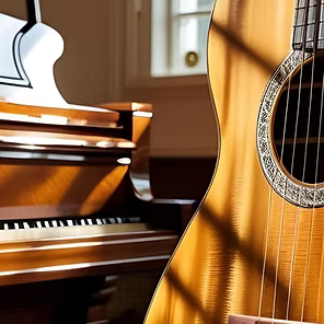 Sunlit acoustic guitar beside a wooden piano in a warm room