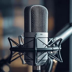 Studio condenser microphone in a shock mount, lit softly against a blurred background