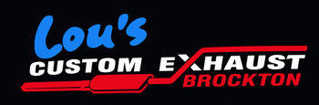Lou's Custom Exhaust Brockton logo with blue, white, and red text on a black background