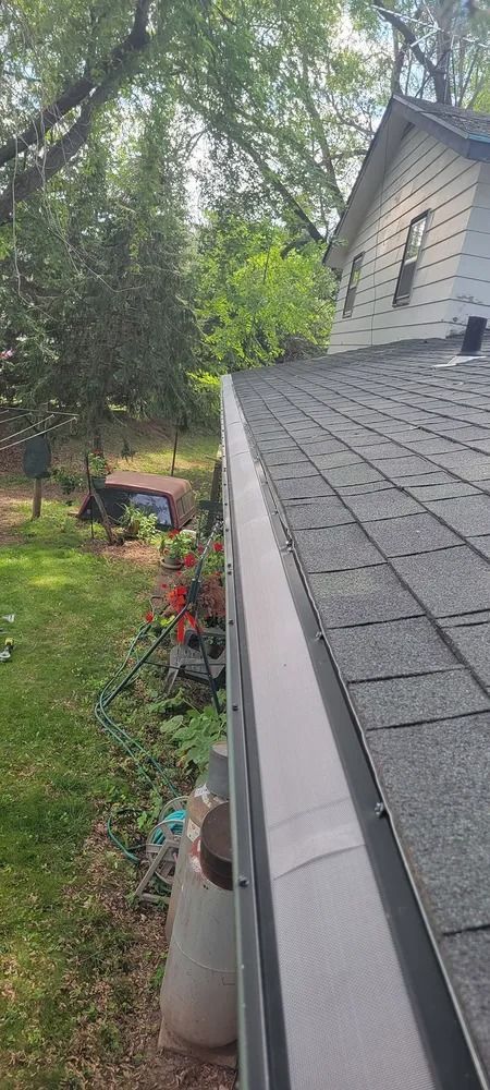 Side yard beside a house roofline, with dense green trees, a small cart, flowers, and a large white container.