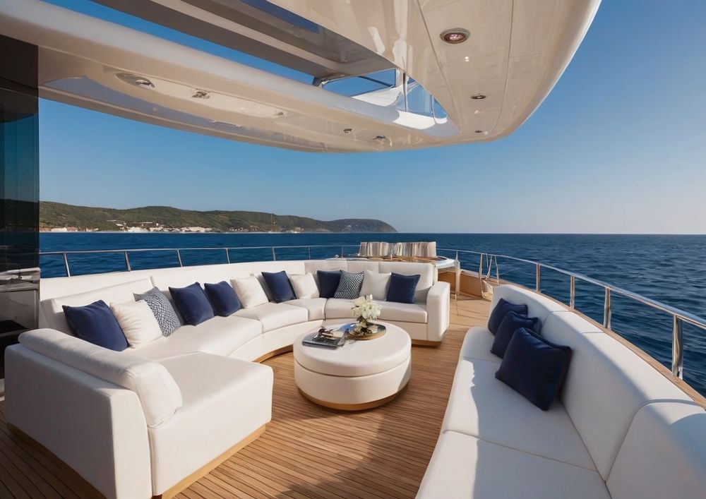 Luxury yacht deck with curved white sofas, dark blue throw pillows, and a round coffee table overlooking the open ocean.