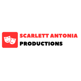 Red logo with theater masks and text “SCARLETT ANTONIA PRODUCTIONS” on a white background