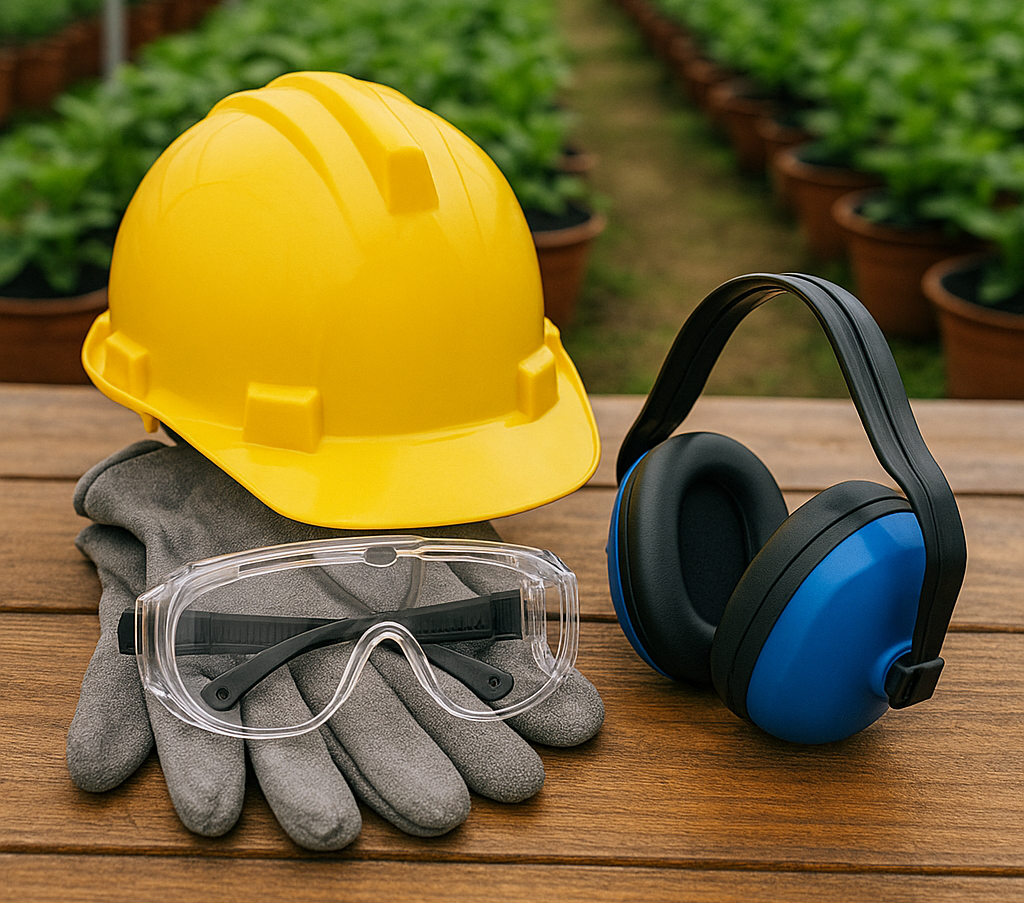 Safety gear — hard hat, gloves, goggles, and earmuffs inside a greenhouse
