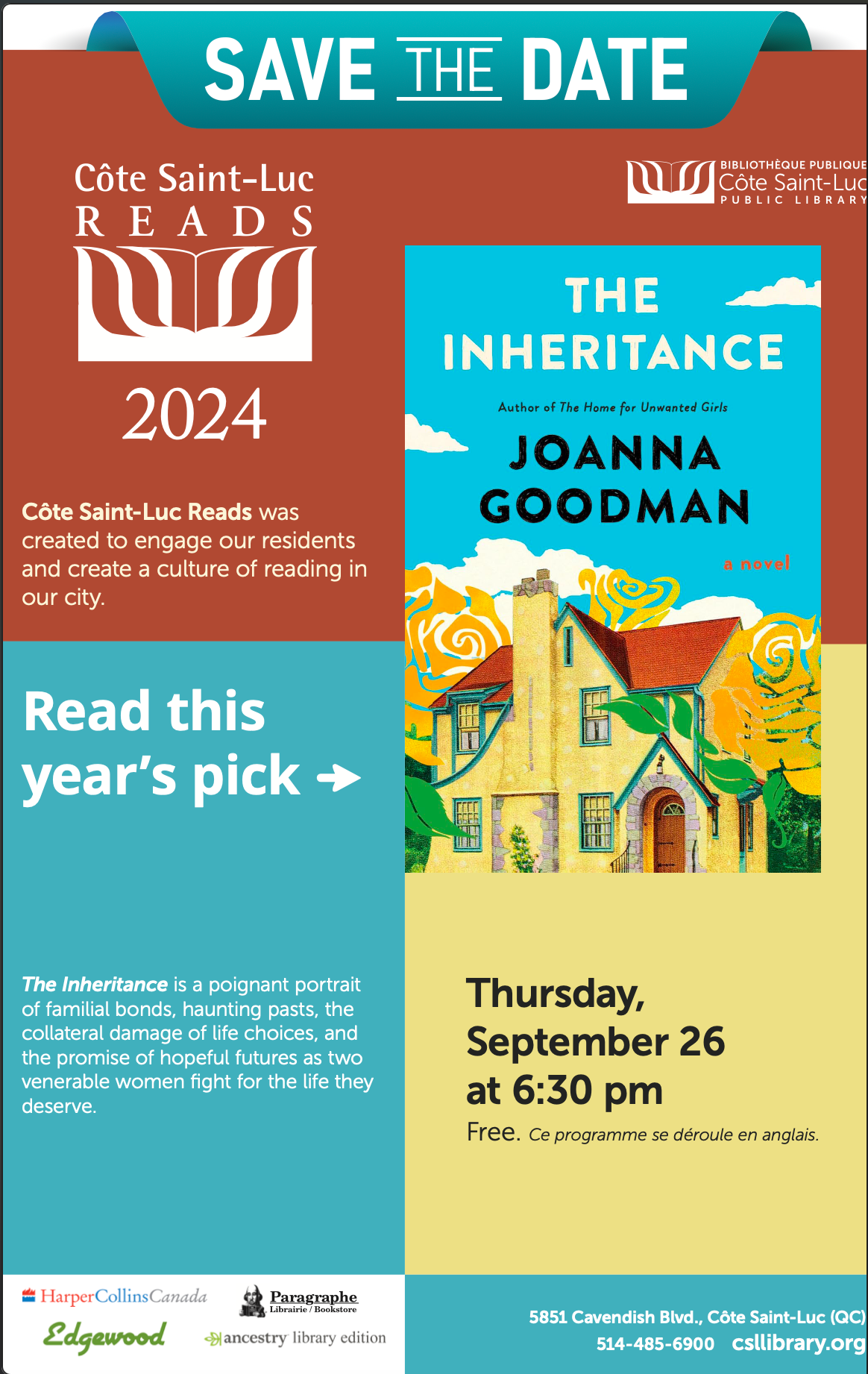 A save the date poster for the inheritance by joanna goodman