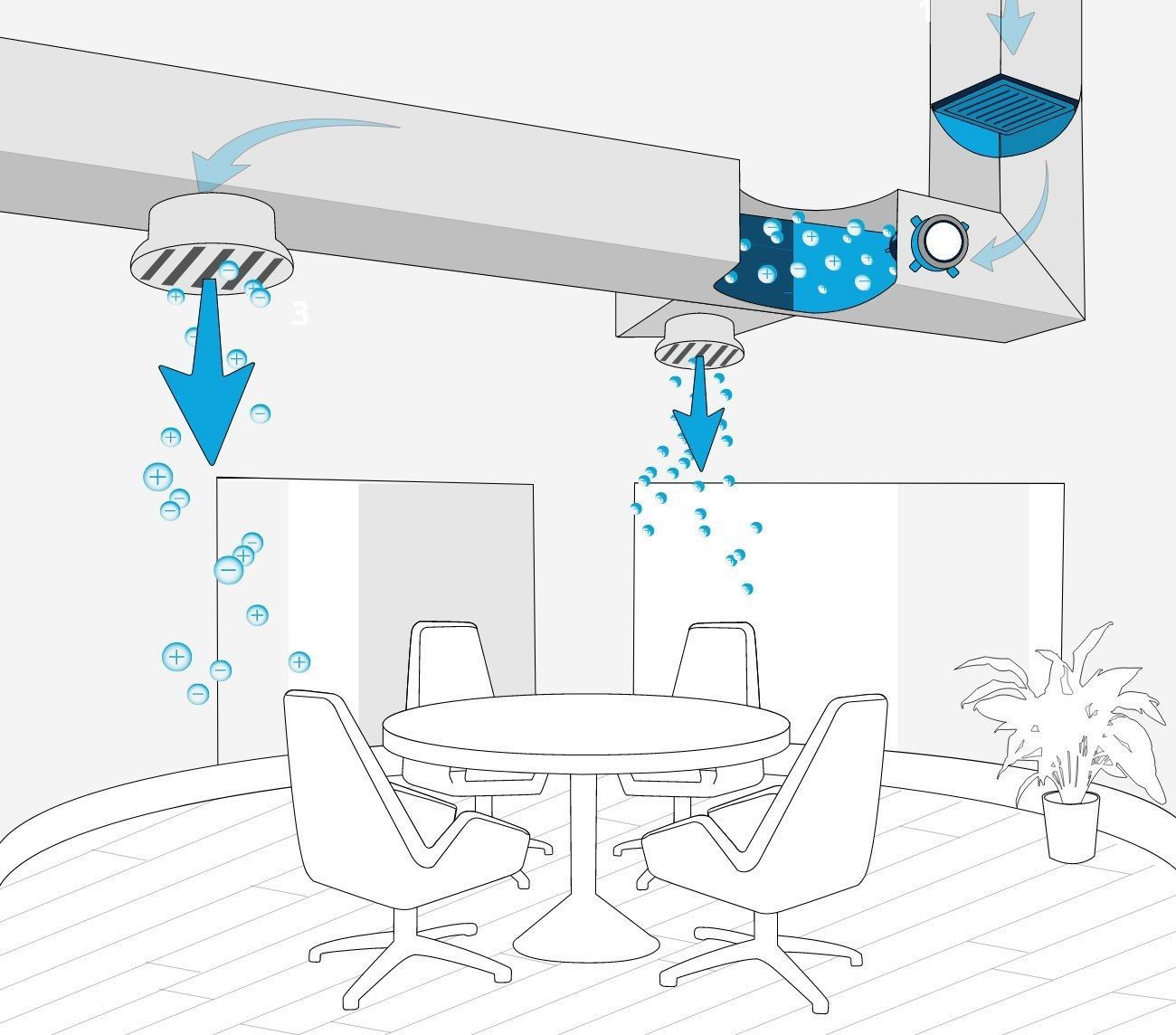 White Vent on the ceiling A black and white drawing of a room with a table and chairs.