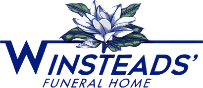 Logo for Winsteads' Funeral Home featuring a dark blue magnolia flower above the business name in dark blue text.