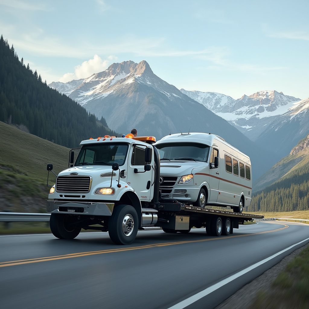 Tow truck transporting a bus on a mountain road. White vehicles, green trees, snow-capped mountains.