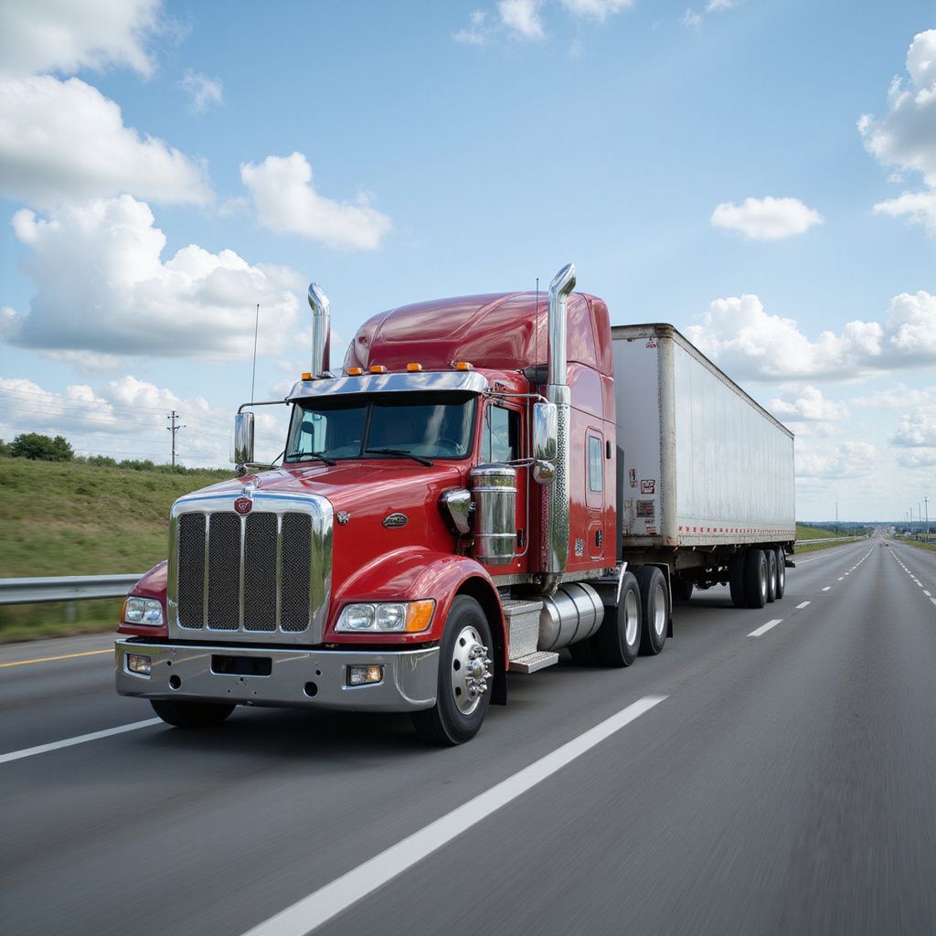 Red semi-truck driving on a highway with blue sky and white clouds.
