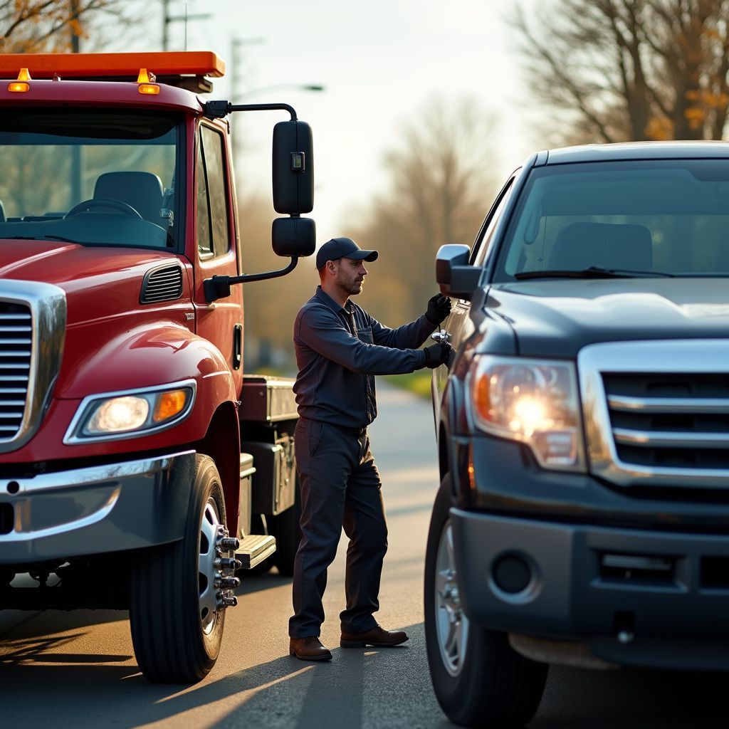 Tow truck operator connecting to a black pickup truck on a street. The tow truck is red.