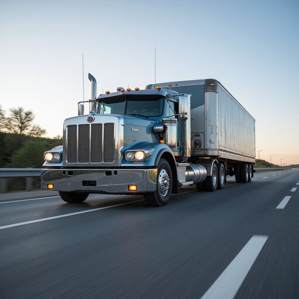 Blue semi-truck driving on a highway with a trailer; daytime, clear sky.