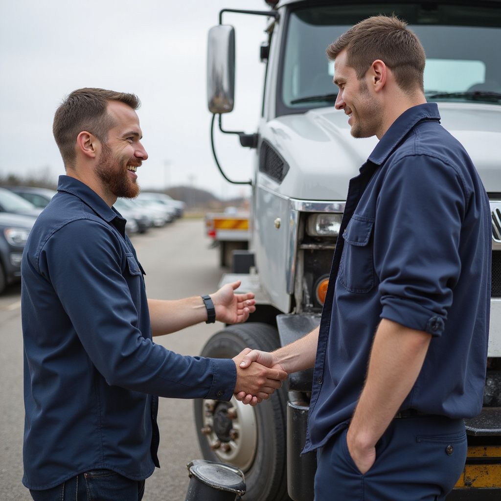 Two men in blue shirts shaking hands by a truck; outdoors in a parking lot.