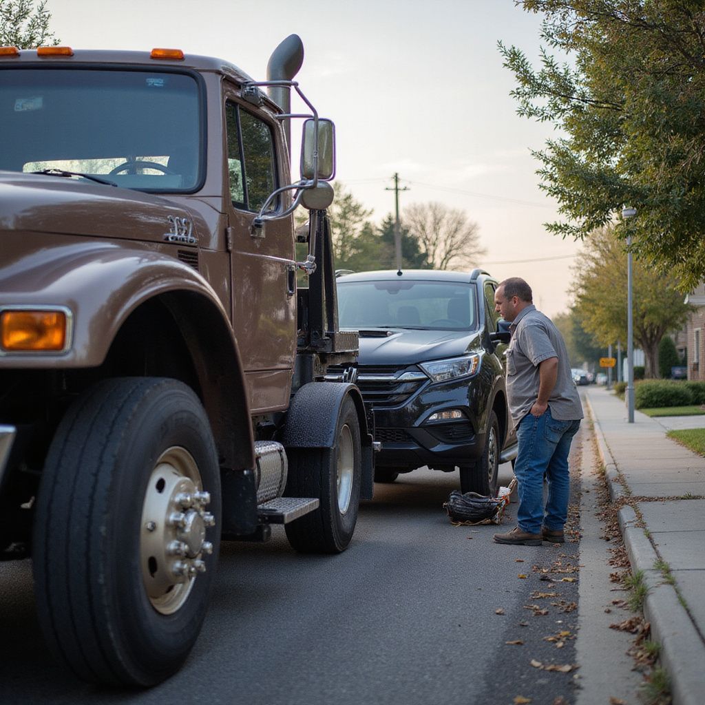 Brown tow truck towing a black SUV on a residential street. A man is outside the SUV.