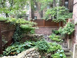 Lush garden with stone steps, lattice fence, brick walls, and various green plants.
