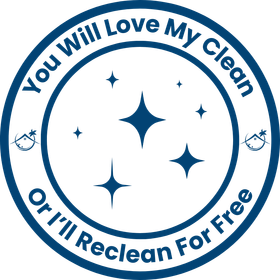 A blue stamp that says you will love my clean or i 'll reclean for free