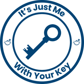 A blue circle with a key in it and the words it 's just me with your key
