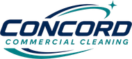 Concord Commercial Cleaning Logo with Teal and Navy Swirl Graphics, Sparkle Icon, and Company Name in Concord, NH