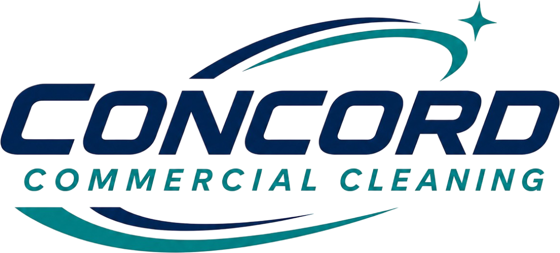 Concord Commercial Cleaning Logo with Teal and Navy Swirl Graphics, Sparkle Icon, and Company Name in Concord, NH
