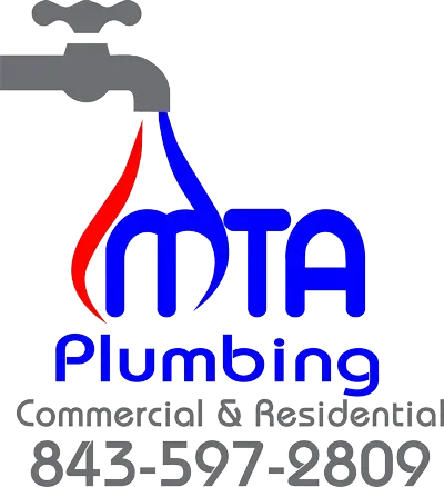 Logo for MTA Plumbing: faucet with red/blue water flowing over blue