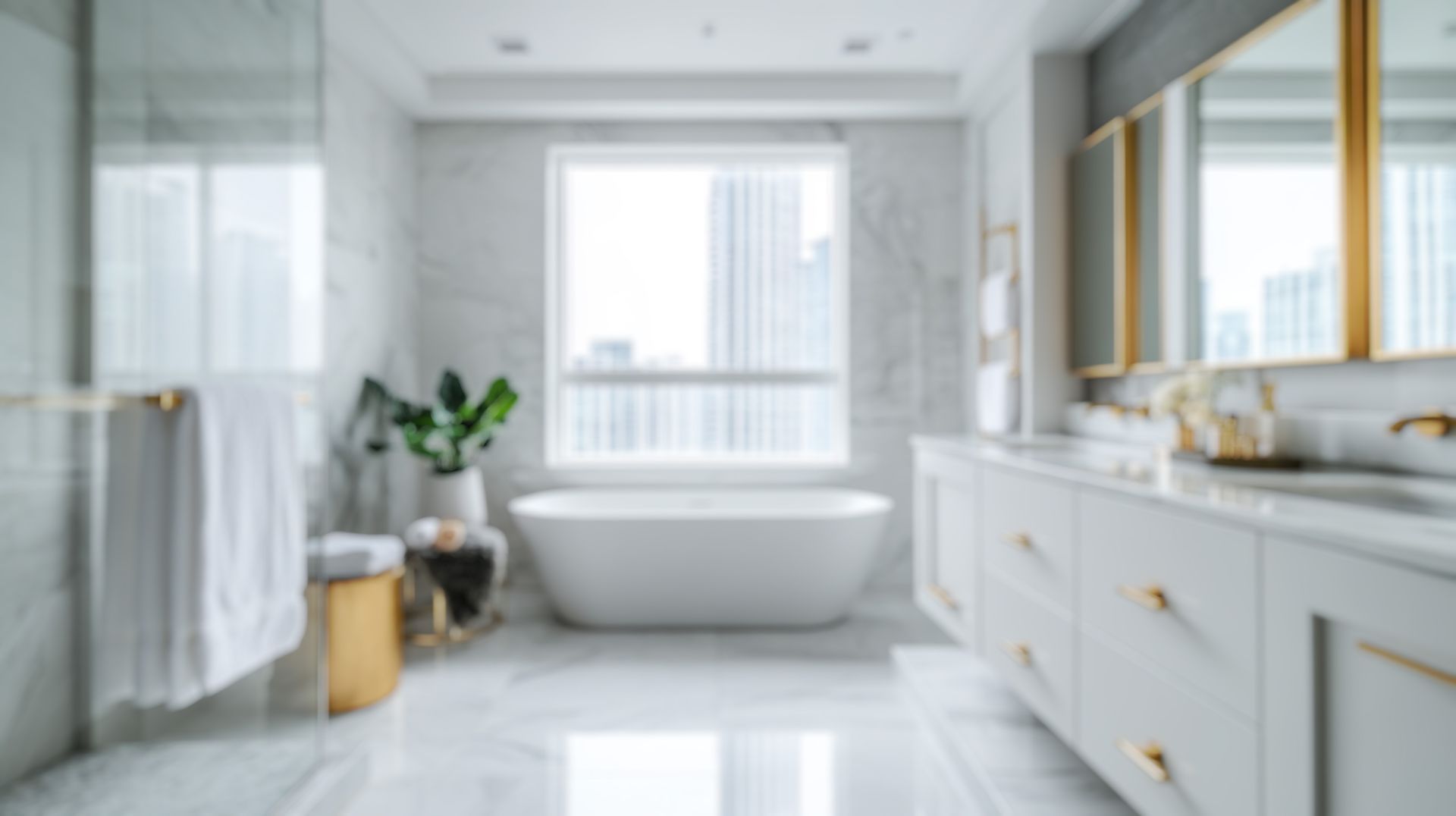 Blurred, luxurious white bathroom with a soaking tub, vanity, and window with city view.